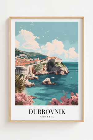 Dubrovnik Kroatien byplakat med udsigt til den gamle bydel og Adriaterhavet.