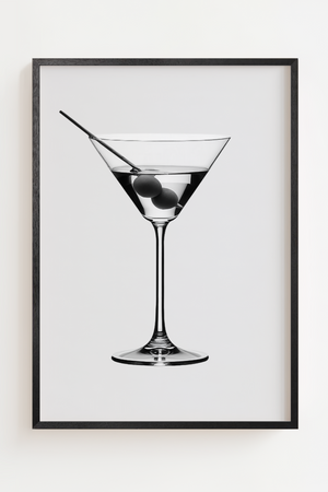 Sort hvid cocktail plakat med martiniglas og oliven