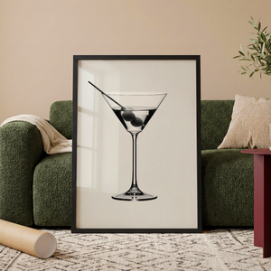 Sort hvid cocktail plakat med martiniglas og oliven
