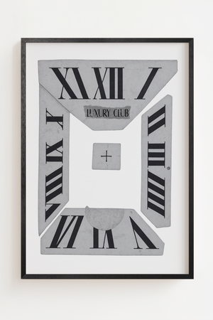 Grafisk plakat med romertal og minimalistisk urdesign i sort hvid
