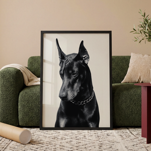 Sort hvid plakat med elegant dobermann hund på lys baggrund
