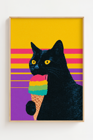 Rainbow ice cream cat plakat med sort kat og farverig is