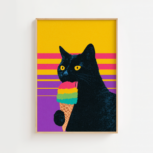Rainbow ice cream cat plakat med sort kat og farverig is