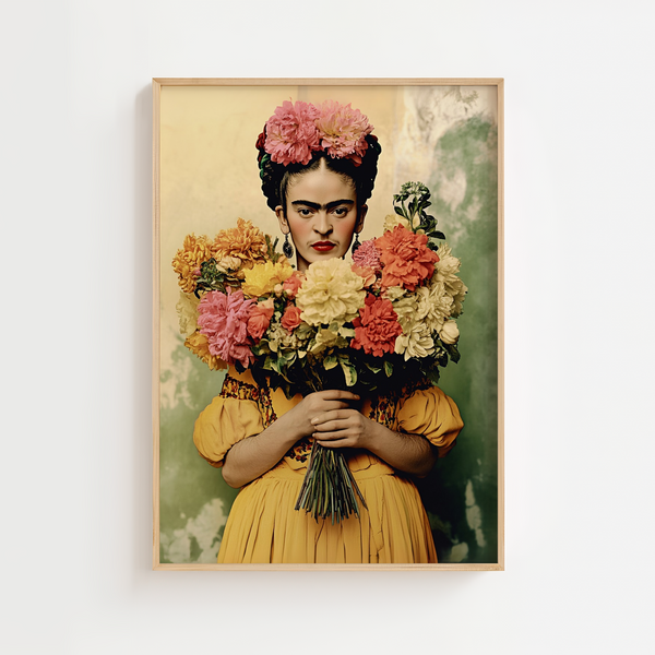 Frida Kahlo plakat med gul kjole og stor buket farverige blomster

