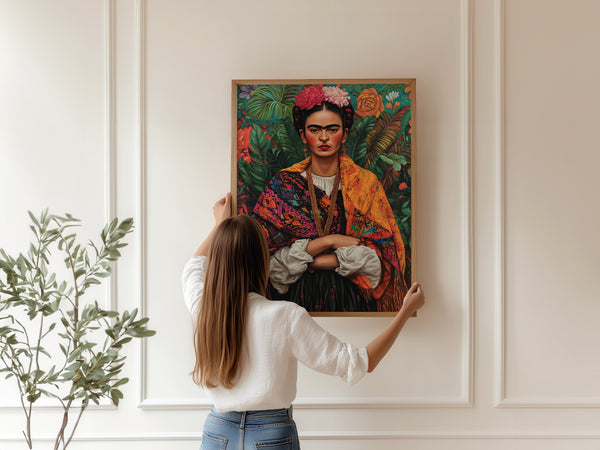 Orange Sjal Junglebaggrund – Frida Kahlo Plakat