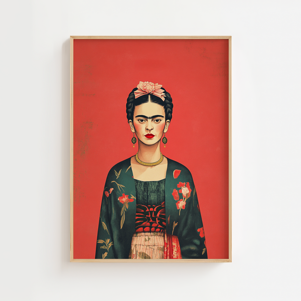Frida Kahlo plakat med rød baggrund og grøn kimono med blomster