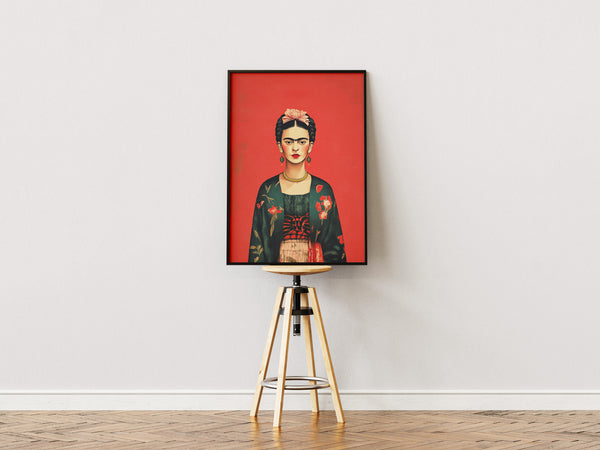 Frida Kahlo plakat med rød baggrund og grøn kimono med blomster

