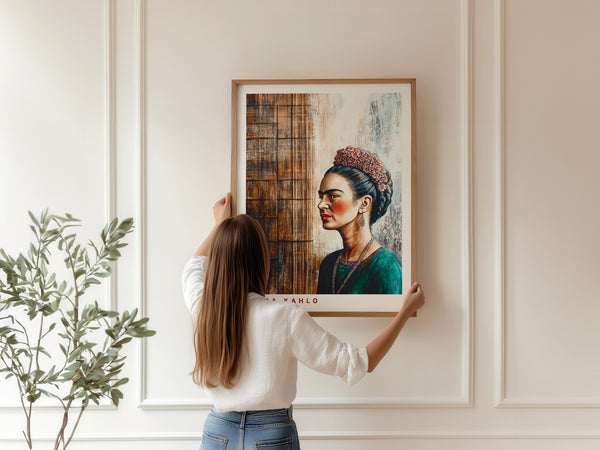 Frida Kahlo plakat med profil foran rustik trævæg