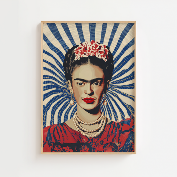 Frida Kahlo plakat med blå og hvide stråler i baggrunden
