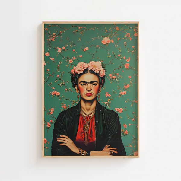 Frida Kahlo plakat med grøn baggrund og lyserøde blomster