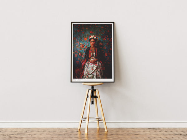 Frida Kahlo plakat med blomstrende rosenbaggrund og farverigt design