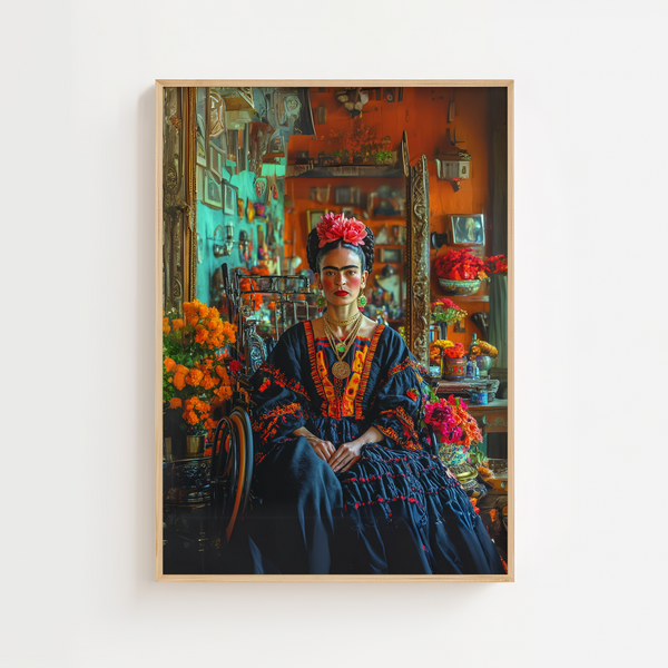 Frida Kahlo plakat – Blomster i håret & blå kjole | Fra 99,-

