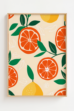 Citrus Fruits plakat med appelsiner, citroner og grønne blade i farverigt grafisk design – moderne køkkenplakat.
