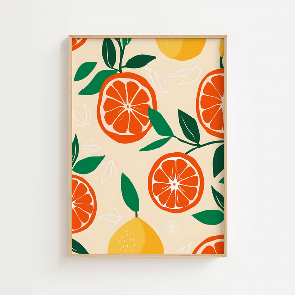 Citrus Fruits plakat med appelsiner, citroner og grønne blade i farverigt grafisk design – moderne køkkenplakat.