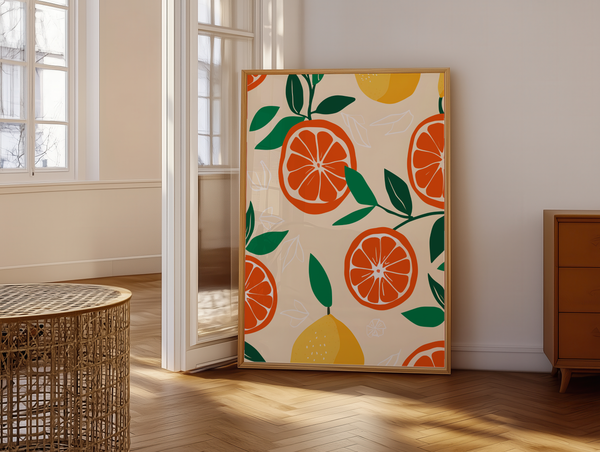 Citrus Fruits plakat med appelsiner, citroner og grønne blade i farverigt grafisk design – moderne køkkenplakat.