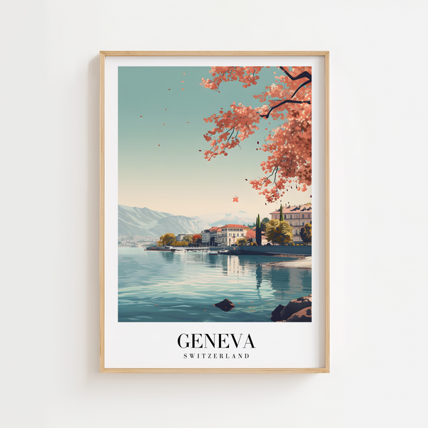 Genève Schweiz byplakat med udsigt over Genfersøen og Alperne.