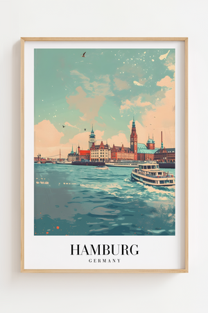 Hamburg Skyline plakat med udsigt over vand, bygninger og både – farverig byplakat fra Tyskland.