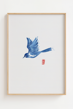 Blue Bird Japansk plakat med blå fugl i flugt og rødt japansk segl – minimalistisk kunstplakat i japandi stil.