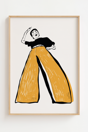 Lagom Wide Pants plakat med moderne grafisk motiv af kvinde i brede gule bukser – kunstplakat i minimalistisk og nordisk stil.