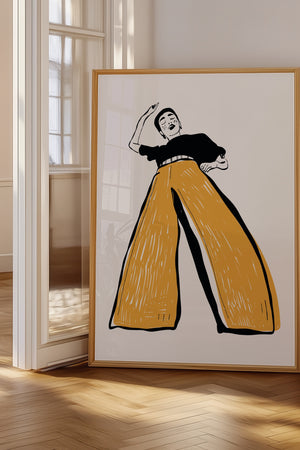 Lagom Wide Pants plakat med moderne grafisk motiv af kvinde i brede gule bukser – kunstplakat i minimalistisk og nordisk stil.