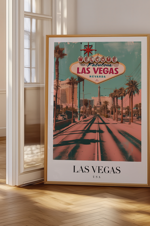 Las Vegas USA byplakat med “Welcome to Fabulous Las Vegas” skilt og palmer.