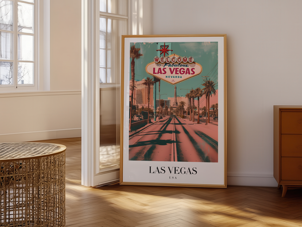 Las Vegas USA byplakat med “Welcome to Fabulous Las Vegas” skilt og palmer.