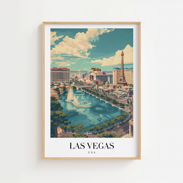 Las Vegas plakat med skyline, The Strip og Bellagio-fontæner – farverig USA byplakat.