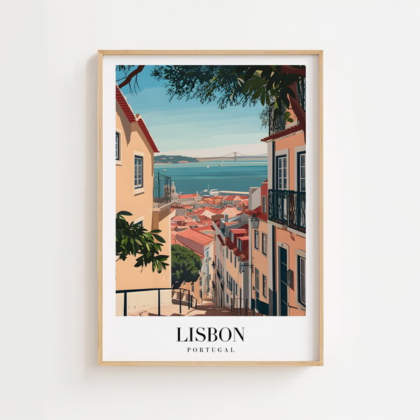 Lisbon byplakat med farverige huse, røde tage og udsigt over Tejo-floden.