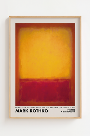 Abstrakt plakat i varme røde og gule farver inspireret af Mark Rothkos farvefelter, perfekt til moderne indretning og billedvægge.