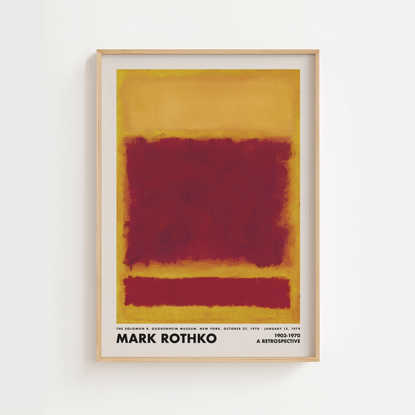Abstrakt plakat i dybe røde og gyldne farver inspireret af Mark Rothkos farvefelter – perfekt til moderne indretning og kunstneriske billedvægge.