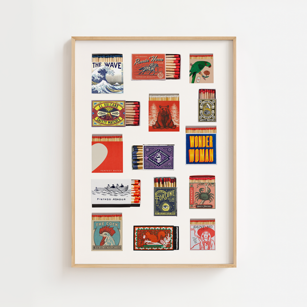 Matchbox Collection plakat med vintage tændstikæsker i farverige og grafiske designs – retro kunstplakat til køkken og hjemmets billedvæg.