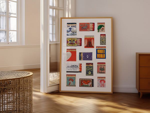 Matchbox Collection plakat med vintage tændstikæsker i farverige og grafiske designs – retro kunstplakat til køkken og hjemmets billedvæg.