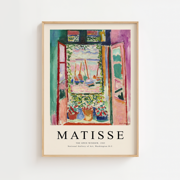 Matisse plakat med åbent vindue, blomster og farverigt havnemotiv fra 1905.
