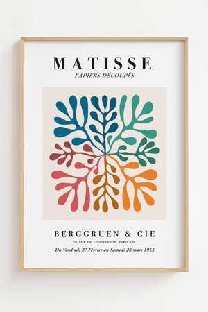 Matisse plakat med farverige organiske bladformer i blå, grøn, rød og orange – inspireret af Matisse’ papirklipkunst.