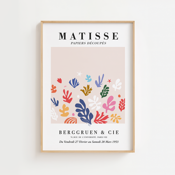 Matisse plakat med farverige, organiske bladformer i pastelfarver på lys baggrund – inspireret af Matisse’ papirklipkunst.