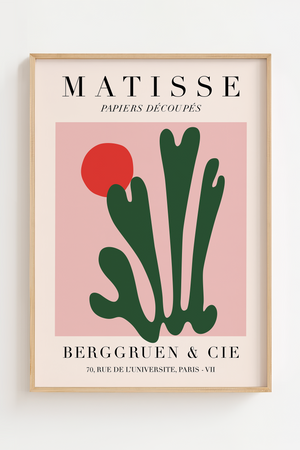 Abstrakt Matisse plakat med grønne bladformer og rød cirkel på rosa baggrund.