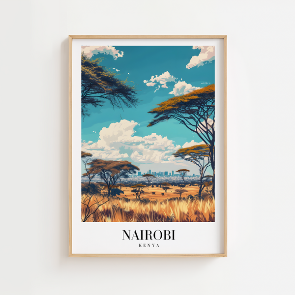Nairobi Kenya byplakat med savanne og skyline – farverig rejseplakat.