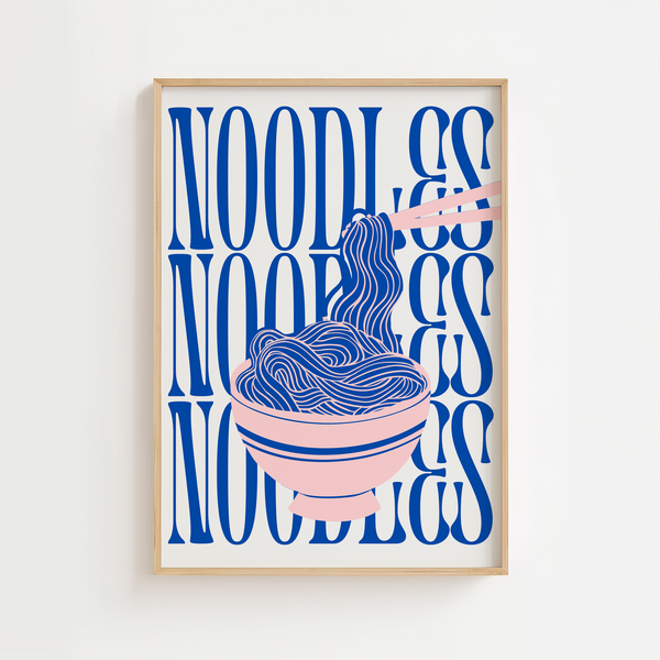 Noodles Bowl plakat med pink skål og blå nudler i grafisk pop-art design – sjov køkkenplakat til noodle lovers.