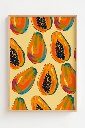 Tropical Papaya plakat med farverige papayafrugter på gul baggrund – tropisk og moderne frugt plakat.