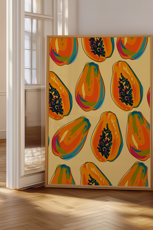Tropical Papaya plakat med farverige papayafrugter på gul baggrund – tropisk og moderne frugt plakat.