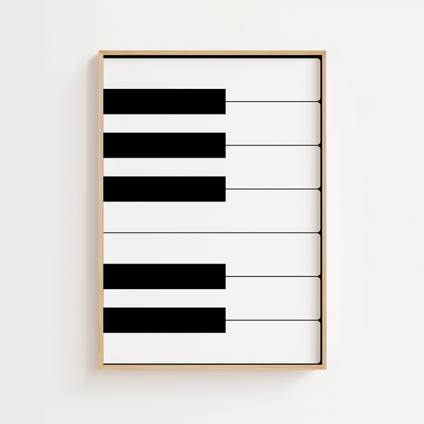 Sort/hvid Piano Keys plakat med minimalistisk design af klavertangenter.