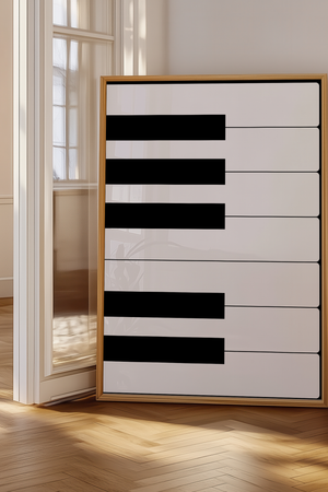 Sort/hvid Piano Keys plakat med minimalistisk design af klavertangenter.