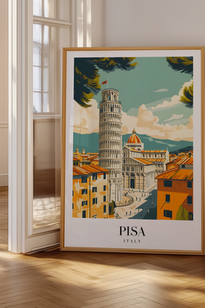 Pisa Italien byplakat med det skæve tårn – farverig rejseplakat fra Toscana.