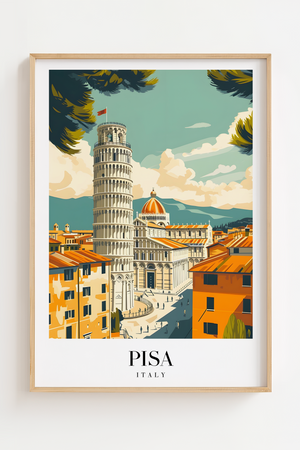 Pisa Italien byplakat med det skæve tårn – farverig rejseplakat fra Toscana.