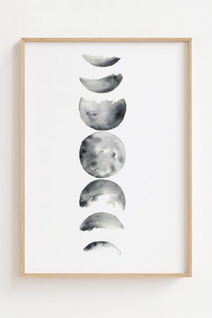 Månefaser plakat i sort-hvidt minimalistisk design med illustration af månens forskellige faser