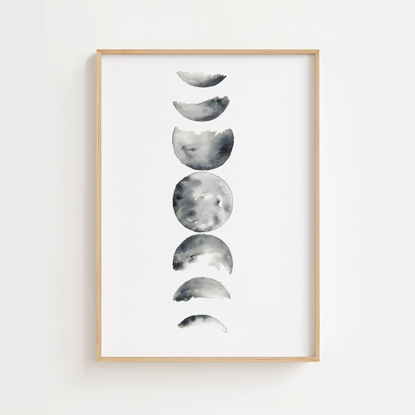 Månefaser plakat i sort-hvidt minimalistisk design med illustration af månens forskellige faser