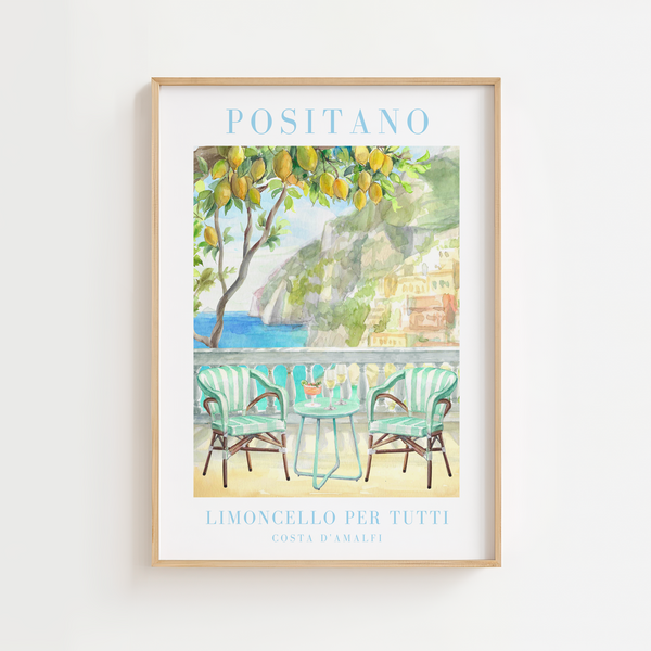 Framed art print of a limoncello bottle, lemon tree, glass of limoncello, and Italian villa in warm summer tones, styled like a vintage poster.