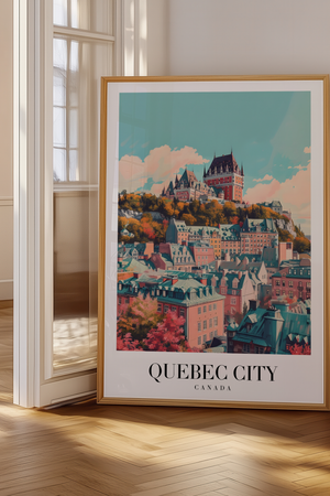 Smuk Quebec City plakat med ikoniske bygninger og farverige tage. Perfekt rejseplakat til dit hjem.