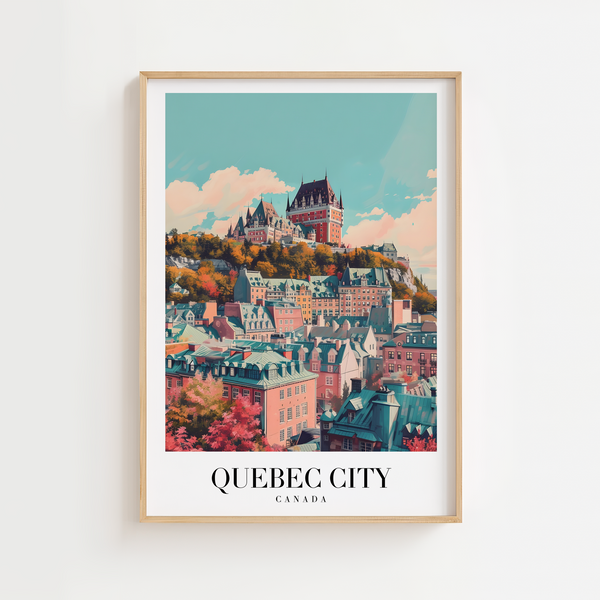 Smuk Quebec City plakat med ikoniske bygninger og farverige tage. Perfekt rejseplakat til dit hjem.