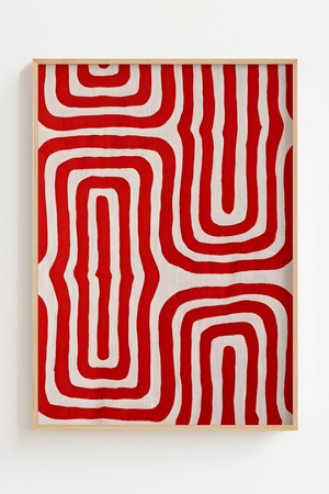 Red Maze Plakat med røde abstrakte linjer i grafisk mønster – moderne kunstplakat til hjem og billedvæg.